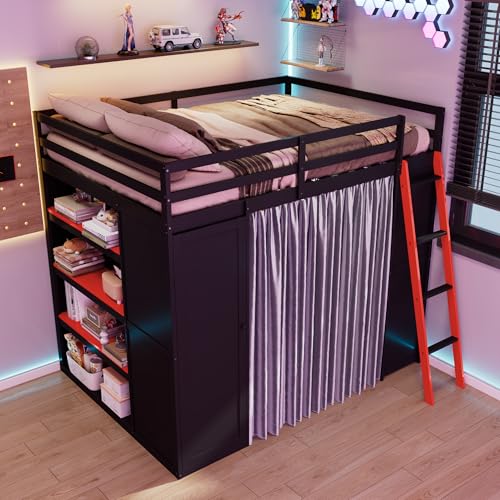 Merax Full Size Loft Bed with Desk and 6 Storage Shelves, Wardrobe, Blackout Curtain, Sturdy Wood Gaming Loft Bunk Bed Frame with USB Port & RGB Lights, No Box Spring Needed, Space-Saving, Black+Red Merax