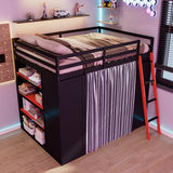 Merax Full Size Loft Bed with Desk and 6 Storage Shelves, Wardrobe, Blackout Curtain, Sturdy Wood Gaming Loft Bunk Bed Frame with USB Port & RGB Lights, No Box Spring Needed, Space-Saving, Black+Red Merax