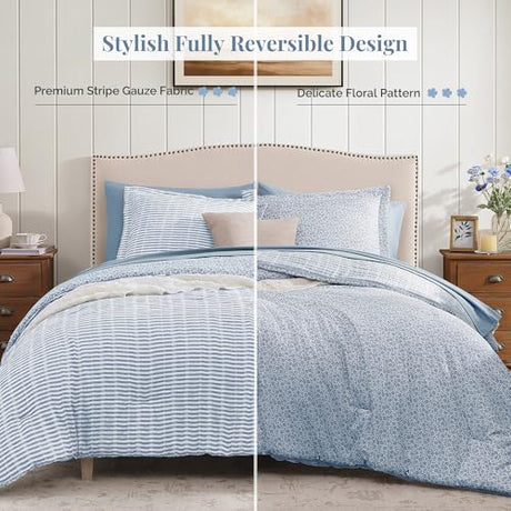 BLOOMHAVEN Queen Comforter Set - 7 Pieces Blue Gauze Muslin Bedding Sets for All Seasons, Lightweight Breathable Bed in a Bag Queen with Revesible Farmhouse Comforter, Sheets, Pillowcases & Shams BLOOMHAVEN
