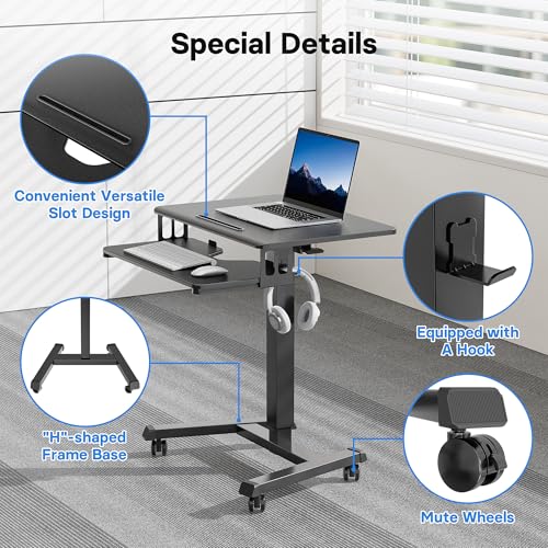 BONTEC Mobile Standing Desk with Keyboard Tray, Mobile Podium, Rolling Laptop Sit Stand Desk on Wheels, Adjustable Height Desk Up to 33lbs, Portable Computer Workstation Cart for Living Room, Office BONTEC
