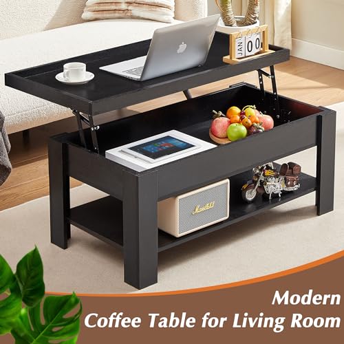 VECELO Lift Top Coffee Table with Storage Shelf and Hidden Compartment for Living Room/Office Reception, Dark Black - WoodArtSupply