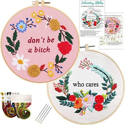 Nuberlic 2 Sets Funny Embroidery Kit with Stamped Floral Pattern for Beginners Adults Simple Cross Stitch Kits Include Needlepoint Cloth Hoops Needles Threads