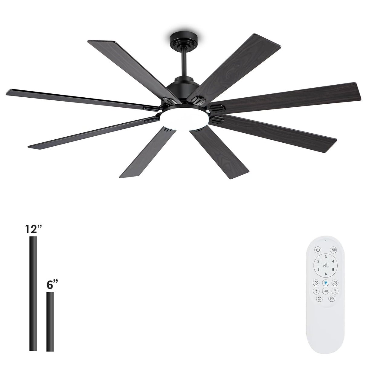 Kayleik 72 Inch Large Ceiling Fan with Lights and Remote, Black Ceiling Fan for 8 Blades 6 Speed Reversible Quiet DC Motor, Outdoor Ceiling Fans for Living Room,Patio,Garage,and Commercial Spaces Kayleik