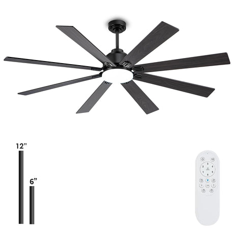 Kayleik 72 Inch Large Ceiling Fan with Lights and Remote, Black Ceiling Fan for 8 Blades 6 Speed Reversible Quiet DC Motor, Outdoor Ceiling Fans for Living Room,Patio,Garage,and Commercial Spaces Kayleik