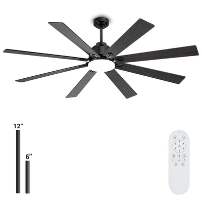Kayleik 72 Inch Large Ceiling Fan with Lights and Remote, Black Ceiling Fan for 8 Blades 6 Speed Reversible Quiet DC Motor, Outdoor Ceiling Fans for Living Room,Patio,Garage,and Commercial Spaces