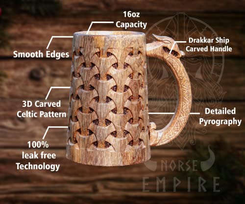 NORSE EMPIRE Premium Wooden Beer Mug 16Oz Chainmail Pattern 100% Handcrafted Beer Stein Wine accessories Viking Gifts Medieval Gift Sack Tankard Christmas Coffee Cups Vikings Mug Food Safe - WoodArtSupply