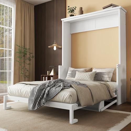 MoproBeti Wood Murphy Bed Queen Size, Space-Saving Hidden Foldable Wall Bed with Storage Shelf and Gas Struts for Bedroom,Guest Room,Home Office, Gym,No Box Spring Needed, White MoproBeti