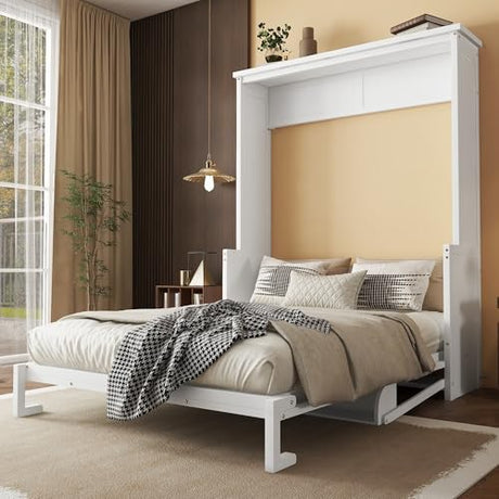 MoproBeti Wood Murphy Bed Queen Size, Space-Saving Hidden Foldable Wall Bed with Storage Shelf and Gas Struts for Bedroom,Guest Room,Home Office, Gym,No Box Spring Needed, White MoproBeti