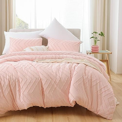 YIRDDEO Pink Full Comforter Set 3Pcs, Boho Blush Full Size Bedding Set, Vertical Tufted Bed Set, Lightweight Neutral Bedroom Set (1 Comforter 2 Pillowcase)