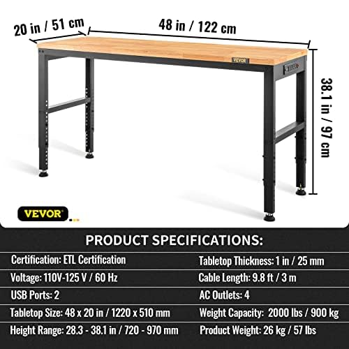 VEVOR Workbenches, 11-Level Adjustable Workbench with 2000 LBS Load Capacity, 48" L X 20" W Work Benches with Power Outlets & Metal Frame & Foot Pads, Hardwood Work Bench for Office Home Garage VEVOR