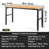 VEVOR Workbenches, 11-Level Adjustable Workbench with 2000 LBS Load Capacity, 48" L X 20" W Work Benches with Power Outlets & Metal Frame & Foot Pads, Hardwood Work Bench for Office Home Garage VEVOR