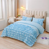 Holawakaka Light Blue Waterfall Ruffle Comforter Set, Full Size Shabby Chic Ruffled Bedding Set for Girls Women, Kids Teens Ruched Dorm Bed Set 3 Pieces Holawakaka