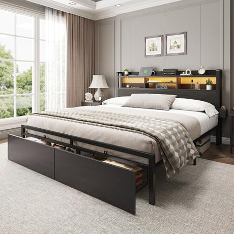 Furnulem King Bed Frame with Wood Headboard & Storage Drawers, Metal Platform Bed Frames King Size with LED Lights, Built in Charging Station, No Box Spring Needed, No Noise, Easy Assembly, Black Furnulem