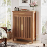 Tribesigns Shoe Cabinet, 5-Tier Shoe Storage Cabinet with Louvered Doors and Drawer, Freestanding Wooden Shoe Rack Organizer with Adjustable Shelves for Entryway, Hallway, Closet, Brown Tribesigns