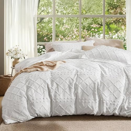Bedsure Boho Duvet Cover Queen Size - White Breathable & Soft Boho Bedding, Machine Washable Comforter Cover for All Seasons, Includes 1 Duvet Cover 90"x90" with 2 Pillow Shams & Zipper Closure Bedsure