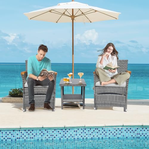 5 Piece Outdoor Patio Furniture Set with Table&Ottoman Outdoor Furniture Patio Set Bistro Wicker Patio Set of 2 Outside Lawn Chairs Conversation Sets for Porch Balcony Pool(Gray Wicker&Gray C - WoodArtSupply