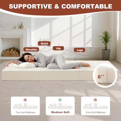 6-Inch Tri-Fold Foldable Mattress, Folding Sofa Bed with Removable Washable Cover, Portable Futon Mattress Full Size Floor Guest Mat with Non-Slip Bottom & Carry Handles for Camping (Beige, Full) AOLVDOW