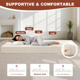 6-Inch Tri-Fold Foldable Mattress, Folding Sofa Bed with Removable Washable Cover, Portable Futon Mattress Full Size Floor Guest Mat with Non-Slip Bottom & Carry Handles for Camping (Beige, Full) AOLVDOW