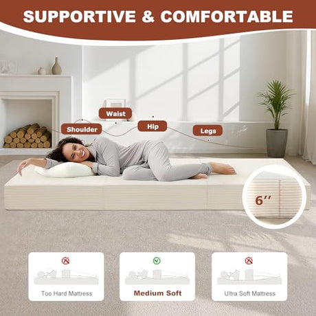 6-Inch Tri-Fold Foldable Mattress, Folding Sofa Bed with Removable Washable Cover, Portable Futon Mattress Full Size Floor Guest Mat with Non-Slip Bottom & Carry Handles for Camping (Beige, Full) AOLVDOW