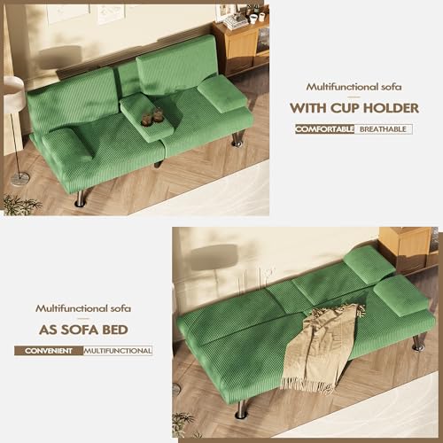 Homall Futon Sofa Bed, Futon Couch with Removable Armrests, Adjustable Recliner Sleeper Sofa Bed with Dual Cup Holders for Living Room, Apartment, Office (Corduroy, Green) Homall
