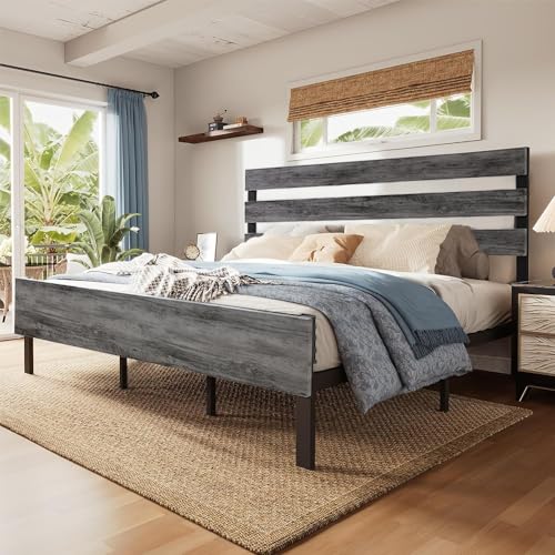 King Size Metal Bed Frame with Wood Headboard & Footboard – No Box Spring Needed, Easy Assembly in Grey - WoodArtSupply