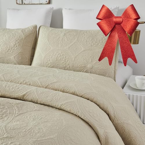 Brandream Luxury Quilt Bedding Set Queen Size Quilt Set Cotton Beige 3 Piece Medallion Matelasse Coverlet Set Brandream