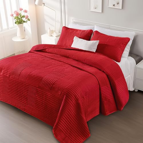 Whale Flotilla Ultra Soft Queen Quilt Bedding Set, Lightweight Microfiber Red Quilts Bedspreads Full Size, 3 Piece Ultrasonic Geometric Coverlet Bed Cover for All Seasons Whale Flotilla