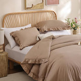 JANZAA Queen Ruffled Comforter Set 3PCS (1 Taupe Comforter Set and 2 Pillowcases) Vintage Farmhouse Shabby Chic Bedding Soft Fluffy Bed Set All Season JANZAA