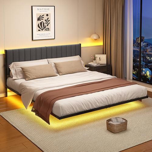 ARFARLY King Size Bed Frame with LED Lights and Charging Station, Floating Bed Frame with Upholstered Headboard, Metal Platform Bed Frame King with Under Bed Storage, No Box Spring Needed/Grey ARFARLY