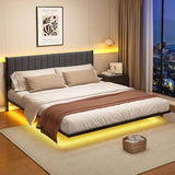 ARFARLY King Size Bed Frame with LED Lights and Charging Station, Floating Bed Frame with Upholstered Headboard, Metal Platform Bed Frame King with Under Bed Storage, No Box Spring Needed/Grey ARFARLY