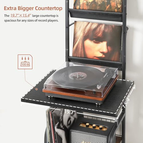 Record Player Stand with Vinyl Storage for up to 200 Albums, Turntable Stand with Record Holder Display Shelf Tewinko