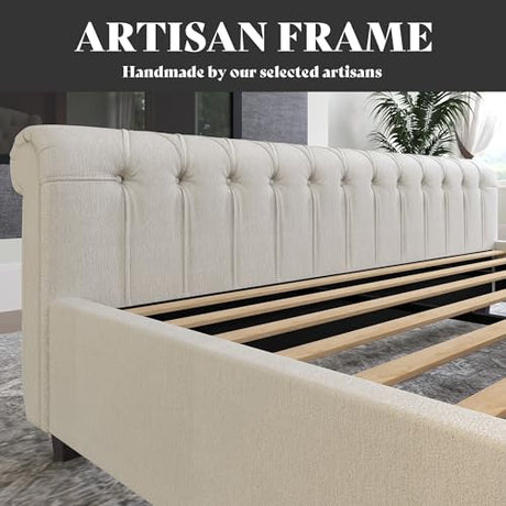 AMERLIFE California King Size Platform Bed Frame, Velvet Upholstered Sleigh Bed with Scroll Wingback Headboard & Footboard/Button Tufted/No Box Spring Required/Cream AMERLIFE