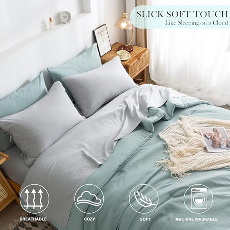 COTTEBED Ultra-Soft Twin Comforter Set with Sheets - 5 Pieces Bed in a Bag Twin Down Comforter & Bedding Sheet Sets, Lightweight Boho Cozy Washed PolyCotton for Kids Boy Girl All Season Use,Sage Green COTTEBED