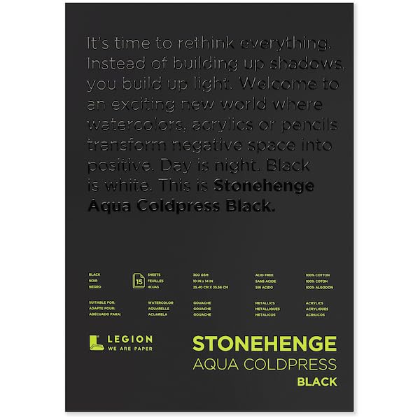 Stonehenge Aqua Black Medium Weight Pad, 140lb, Coldpress, 10 x 14 Inches, 15 Sheets for Wet and Dry Media LEGION