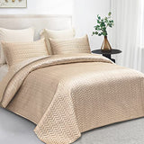 Whale Flotilla Silky Soft Satin Quilt King Size, Luxury Reversible Lightweight Bedspreads Covelets for All Seasons, Leaf Stitched Pattern Bedding Set with Satin Pillowcases, Champagne Whale Flotilla