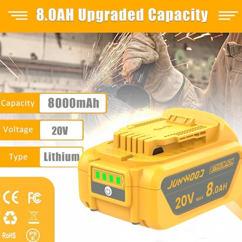 JUNWOOD 2Pack 8.0Ah Lithium Replacement for Dewalt 20V Battery Max XR Cordless Tools DCB180 DCB205 DCB206 DCB206-2 DCB200 DCB204 DCB204BT-2 DCB203 DCB201 DCB207 JUNWOOD