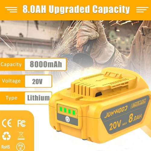 JUNWOOD 2Pack 8.0Ah Lithium Replacement for Dewalt 20V Battery Max XR Cordless Tools DCB180 DCB205 DCB206 DCB206-2 DCB200 DCB204 DCB204BT-2 DCB203 DCB201 DCB207 - WoodArtSupply