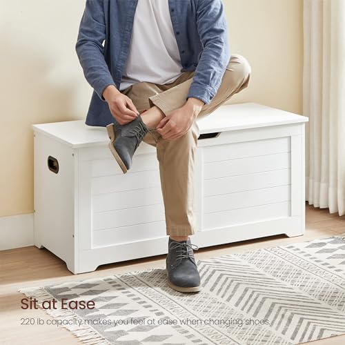 VASAGLE Storage Chest, Storage Trunk with 2 Safety Hinges, Storage Bench, Shoe Bench, Modern Style, 15.7 x 39.4 x 18.1 Inches, for Entryway, Bedroom, Living Room, White ULSB061T10 VASAGLE