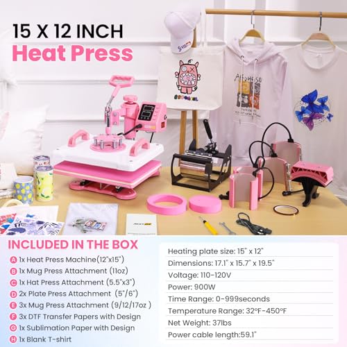 Whubefy 8 in 1 Heat Press Machine 15"x12" with Tumbler Press Hat Press, Industrial Sublimation Heat Press Machine for T Shirts Bags Hat Cap Mug Plate, 360° Swing Away T Shirt Press Machine Transfer Whubefy