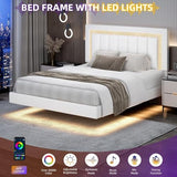HOMBCK Floating Bed Frame Full with Smart LED Lights, Faux Leather Upholstered Platform Bed with Diamond PU Headboard, No Box Spring Needed, Noise-Free, Easy Assembly, White HOMBCK