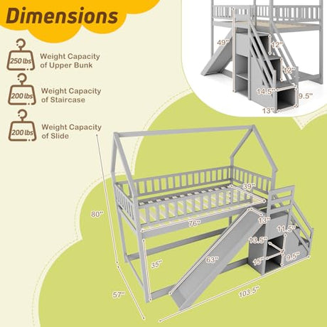 KOMFOTT Wood Twin Over Twin Bunk Bed with Slide & Staircase, Twin House Bunk Bed with Safety Guardrails & Storage, Floor House Bed with Wooden Slat Support for Boys Girls, No Box Spring Needed (Grey) KOMFOTT