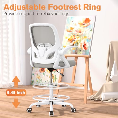 ORRSAKER Tall Drafting Chair with Lumbar Support and Footrest Ring, Supportive Tall Extended Height Ergonomic Desk Chair for Home Work, Breathable Mesh Office Chair with Flip up Arms(Gray) ORRSAKER