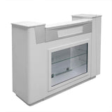 MAYAKOBA Sonoma Reception Desk with Glass Display Adjustable Shelves, Side Cabinets, Office Restaurant Beauty Salon Furniture, Luxe White/Silver Accents MAYAKOBA