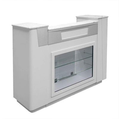 MAYAKOBA Sonoma Reception Desk with Glass Display Adjustable Shelves, Side Cabinets, Office Restaurant Beauty Salon Furniture, Luxe White/Silver Accents