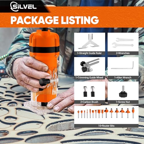 SILVEL Wood Router, 800W Wood Routers for Woodworking, 6.5Amp 1.25HP Hand Wood Router Tool, 30000R/MIN Compact Edge Trimmer with 15 1/4" Router Bit Set, Orange SILVEL