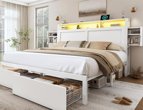 LARMACE King Size Bed Frame with Charging Station and LED Lights Wooden Platform Bed Frame with Storage Drawers and Ergonomic Headboard,2-Tier Hidden Storage,No Box Spring Needed,Easy Assembly,White LARMACE