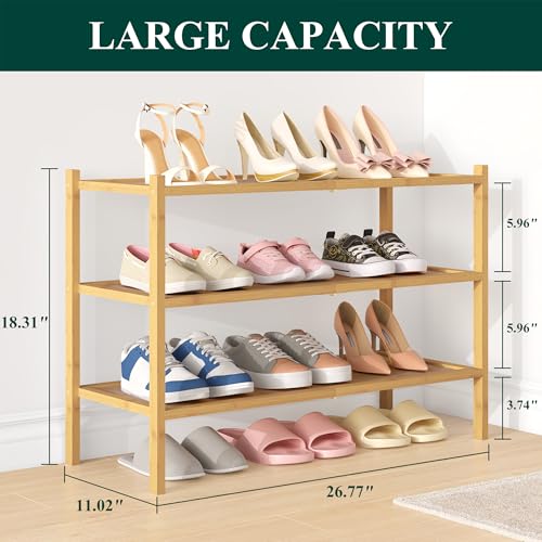 Smiry Bamboo Shoe Rack, 3 Tier Shoe Organizer for Entryway & Closet, Stackable Free Standing Storage Shelf for Shoes, Bags & Plants, Natural Smiry