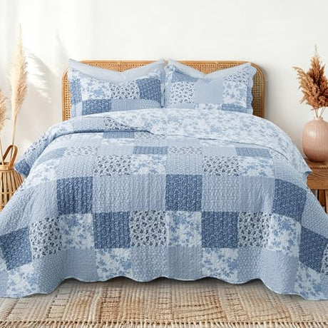 GOONE King Quilt Set 104x90 Inches, Blue Floral Boho Bedspread Farmhouse Quilting Bedding Set, Lightweight Washed Coverlet Set, Reversible Bed Cover, Quilt King Size with 2 Pillow Shams All-Season GOONE