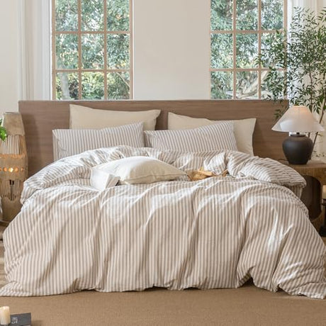 MooMee Striped Duvet Cover Set 100% Washed Cotton Linen Like Textured Breathable Durable Soft Comfy (Tannish Linen Grey White Classic Stripes, Queen 90"x90") MooMee