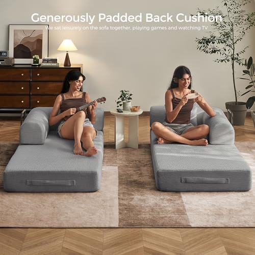 SAVENICA 79" Convertible Floor Sofa Bed, 5-in-1 Modular Sleeper with Removable Parts, No Assembly Corduroy Futon from Sofa to Oversized Bed, Non-Slip Base for Living Room, Dorm (Light Gray) SAVENICA